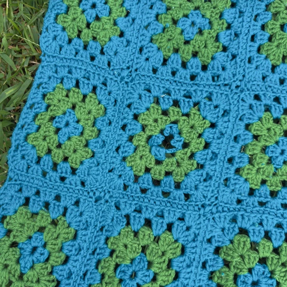 Vintage Handmade Crochet Granny Square Blanket Teal Blue Lime Green Throw 108x68